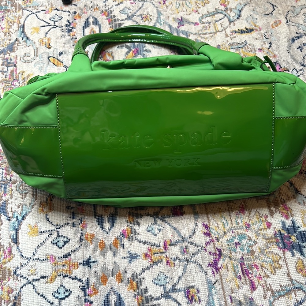 Vintage Kate Spade Stevie Green Nylon and Patent Leather Satchel Handbag - Picture 6 of 16